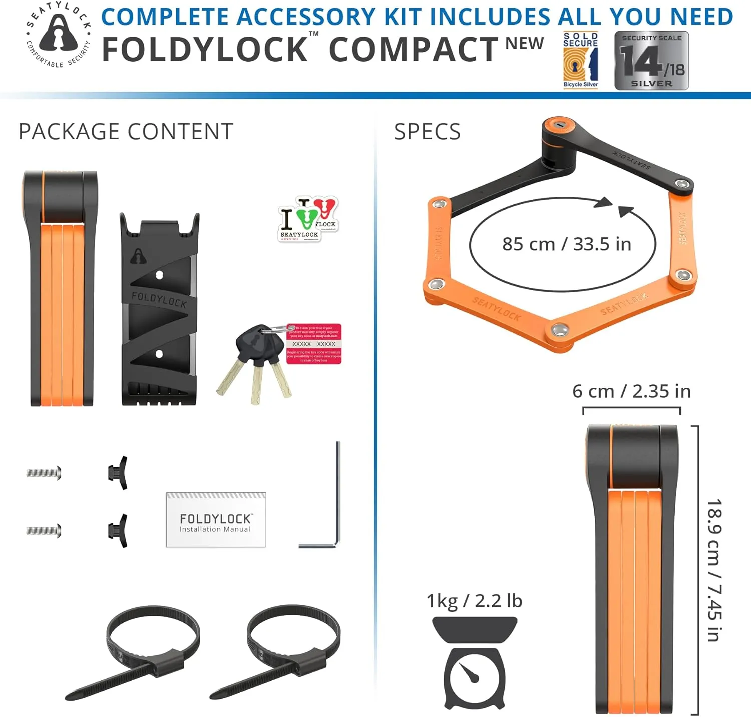 Seatylock FoldyLock Compact Folding Bike Lock - Award Winning Patented Lightweight High Security Bicycle Lock - Heavy Duty Anti Theft Smart Secure Guard with Keys & Case for Bikes or Scooters