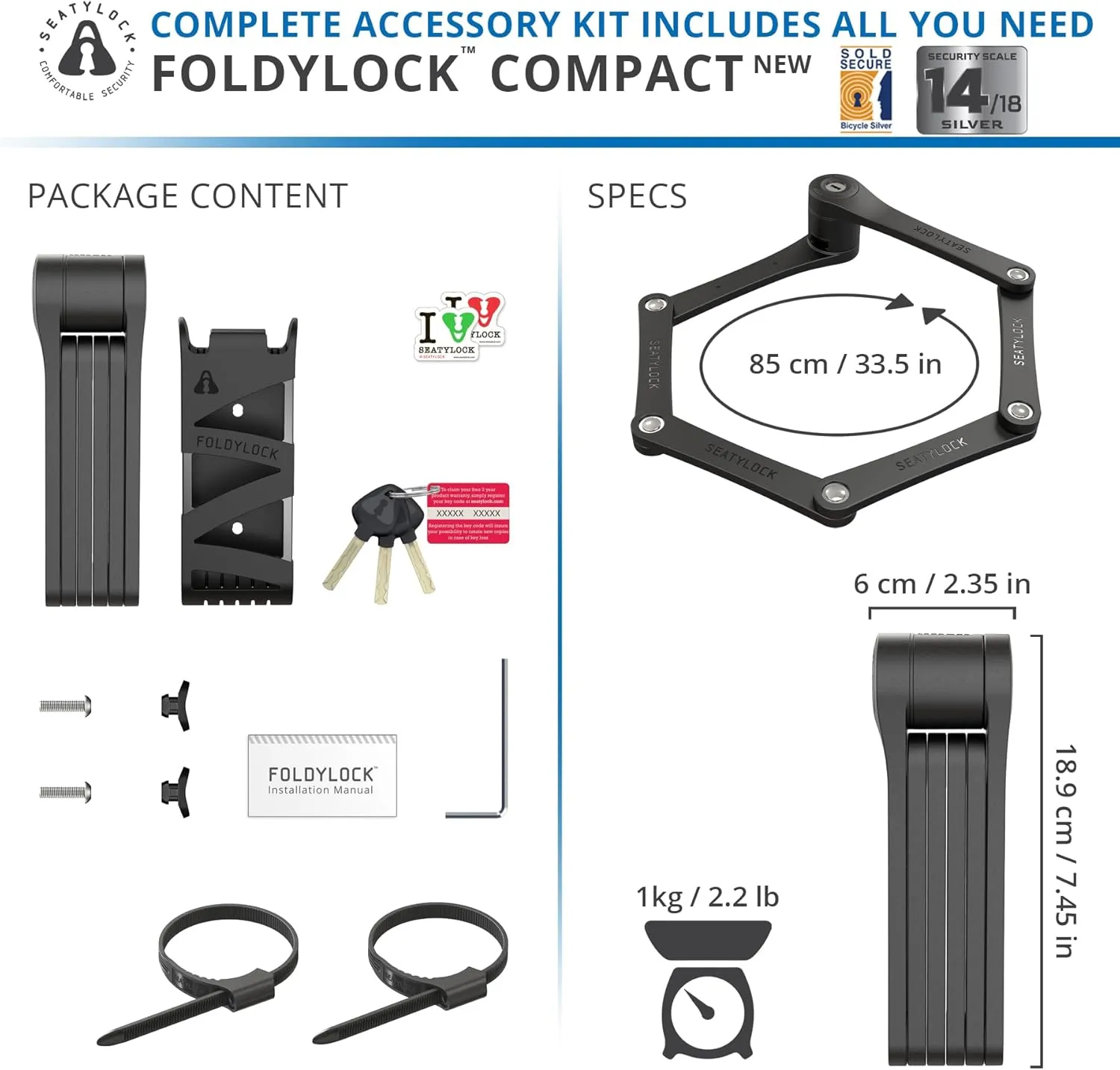 Seatylock FoldyLock Compact Folding Bike Lock - Award Winning Patented Lightweight High Security Bicycle Lock - Heavy Duty Anti Theft Smart Secure Guard with Keys & Case for Bikes or Scooters