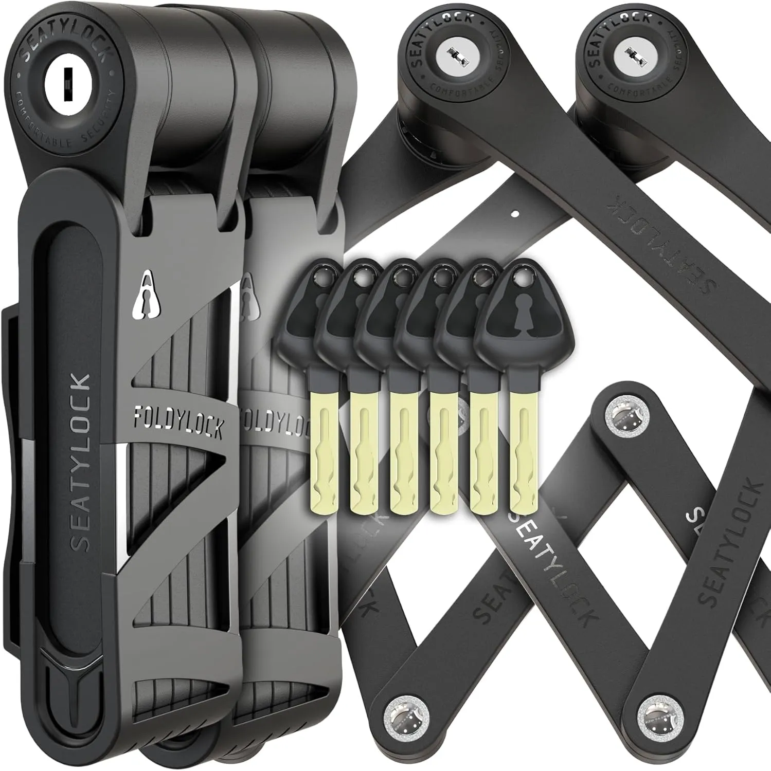 Seatylock FoldyLock Compact Folding Bike Locks - Set of 2 Matching Bike Locks with 6 Identical Keys - Patented Lightweight Heavy Duty Anti Theft with Carrying Cases for Bicycles and E-Bikes