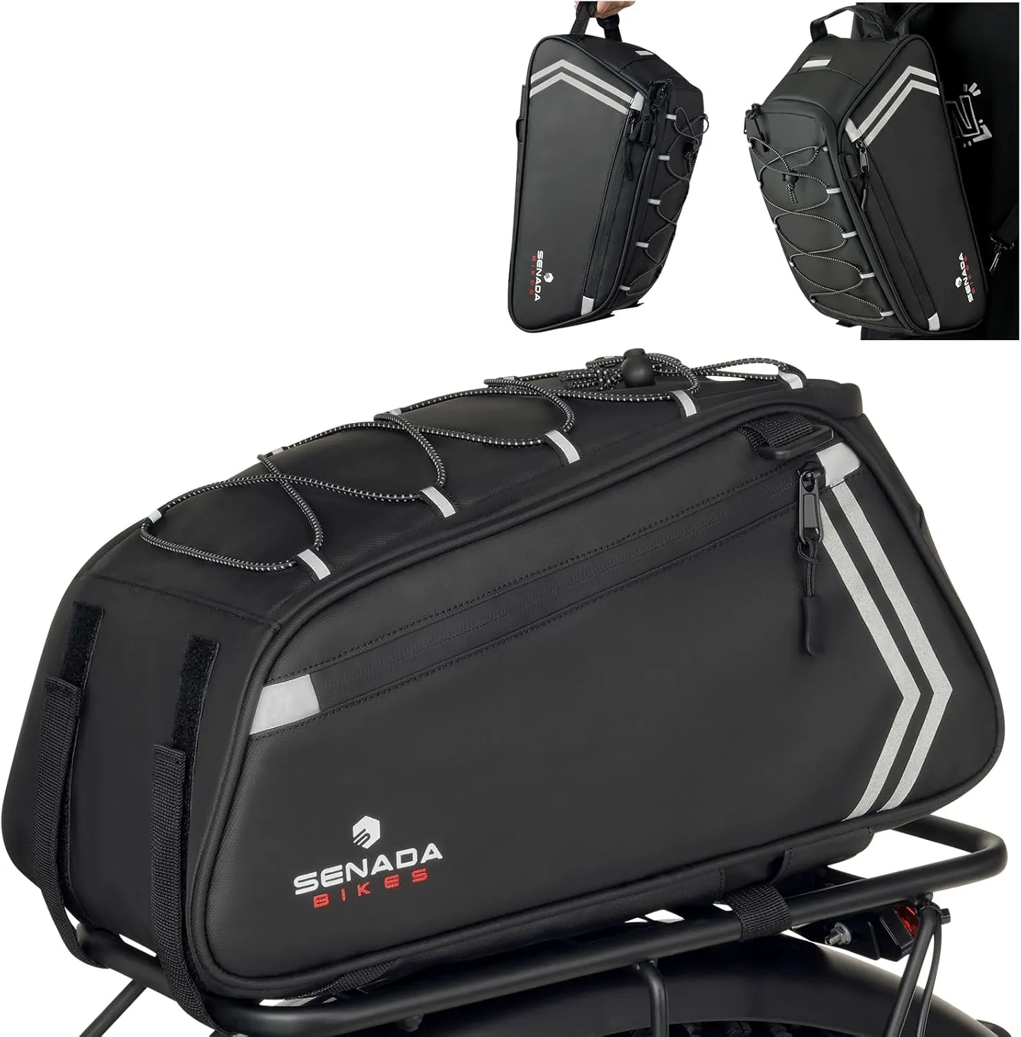 SENADA Bike Bag Rear Rack Bag, 13L PVC Water Resistant Bicycle Bag Bike Accessories for Men, Trunk Cycling Backseat Storage Pouch with Shoulder Strap, Luggage Commuter Bag for Grocery Shopping