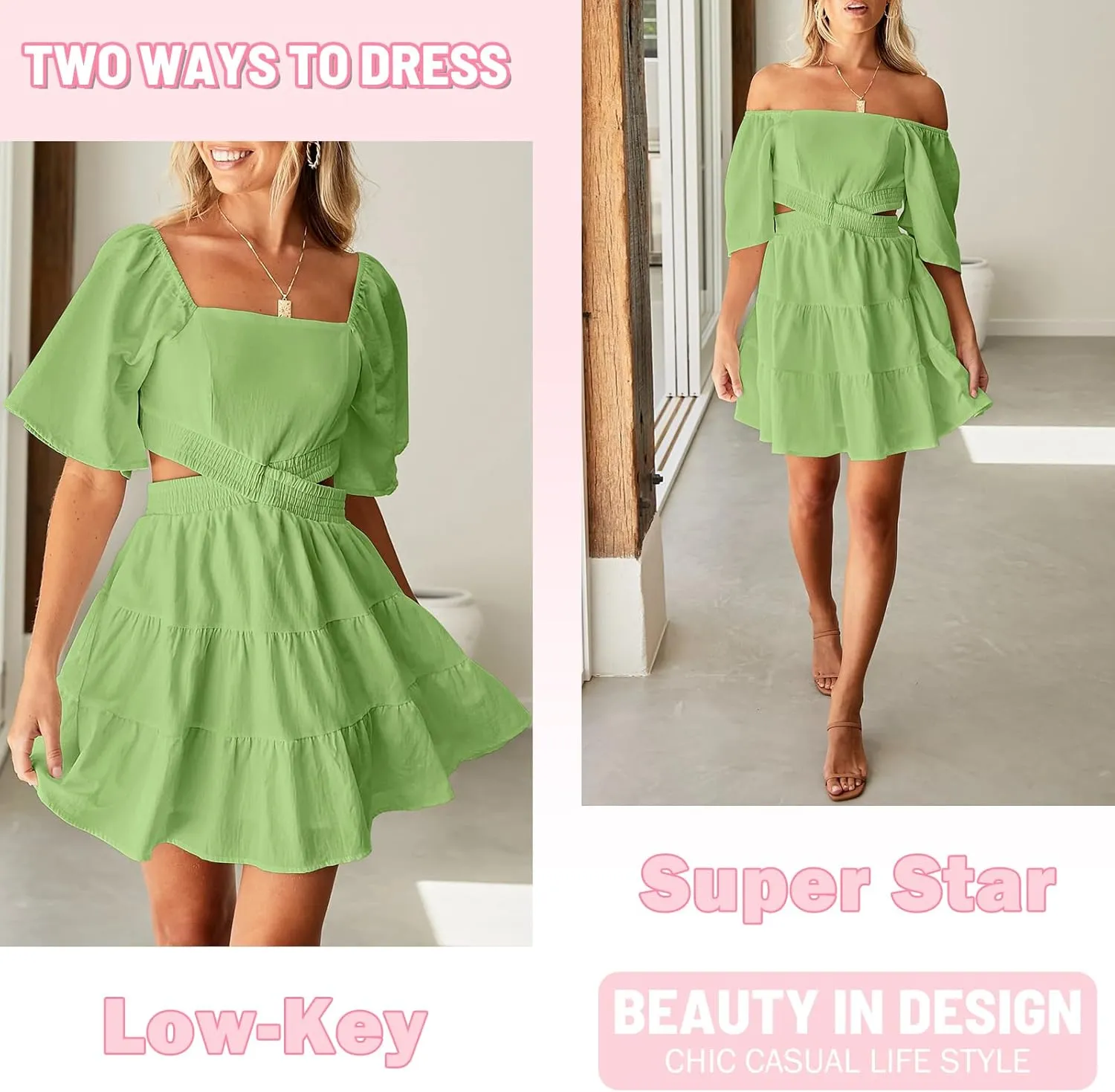 Senllen Womens Summer Dresses 2025 Short-Sleeve Square Neck Mini Dress Crossover Elastic Waist Casual Party Tiered Dress