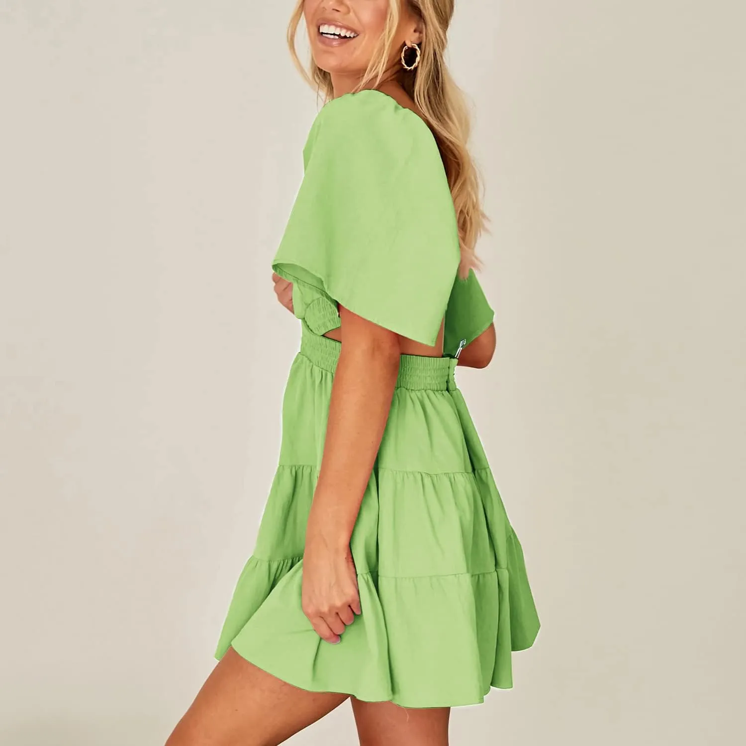 Senllen Womens Summer Dresses 2025 Short-Sleeve Square Neck Mini Dress Crossover Elastic Waist Casual Party Tiered Dress