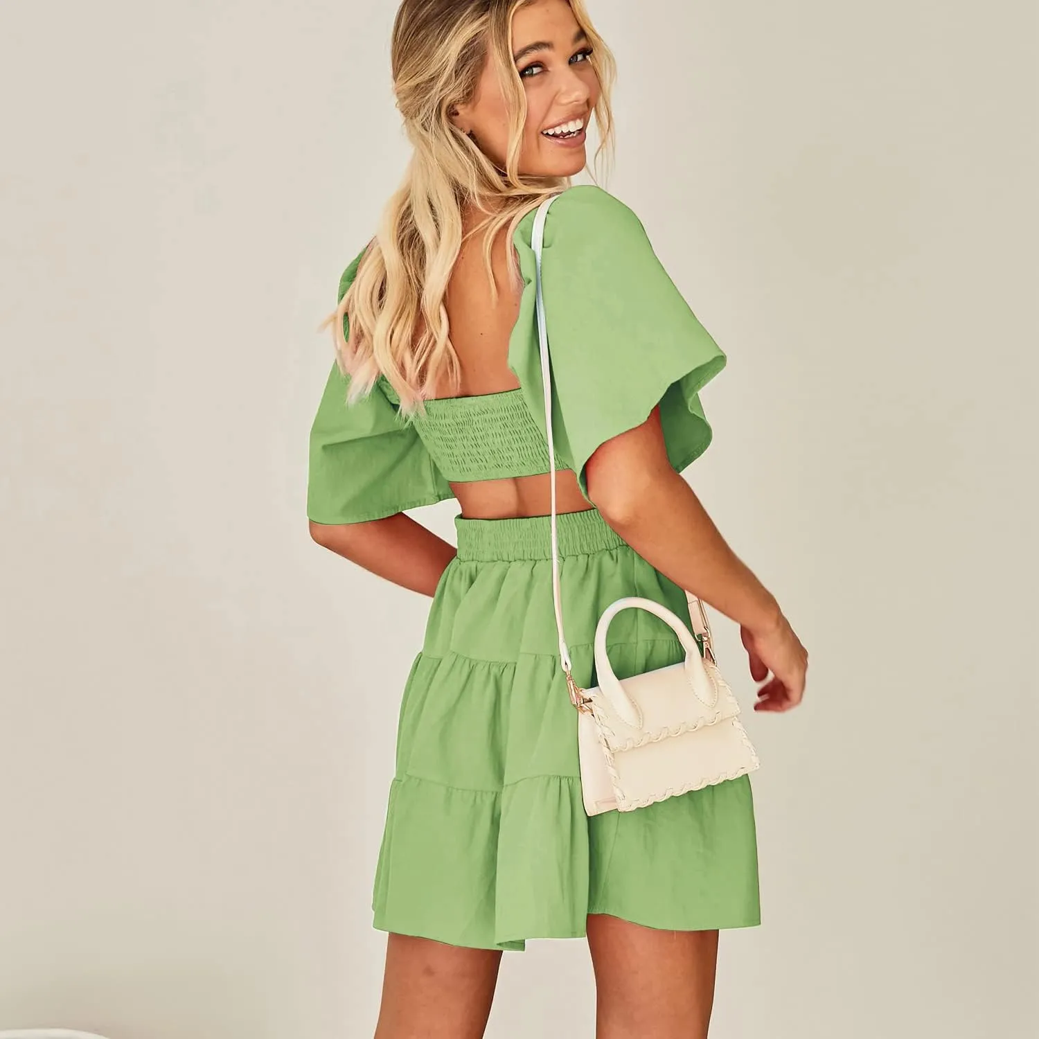Senllen Womens Summer Dresses 2025 Short-Sleeve Square Neck Mini Dress Crossover Elastic Waist Casual Party Tiered Dress