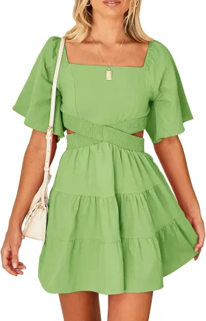 Senllen Womens Summer Dresses 2025 Short-Sleeve Square Neck Mini Dress Crossover Elastic Waist Casual Party Tiered Dress
