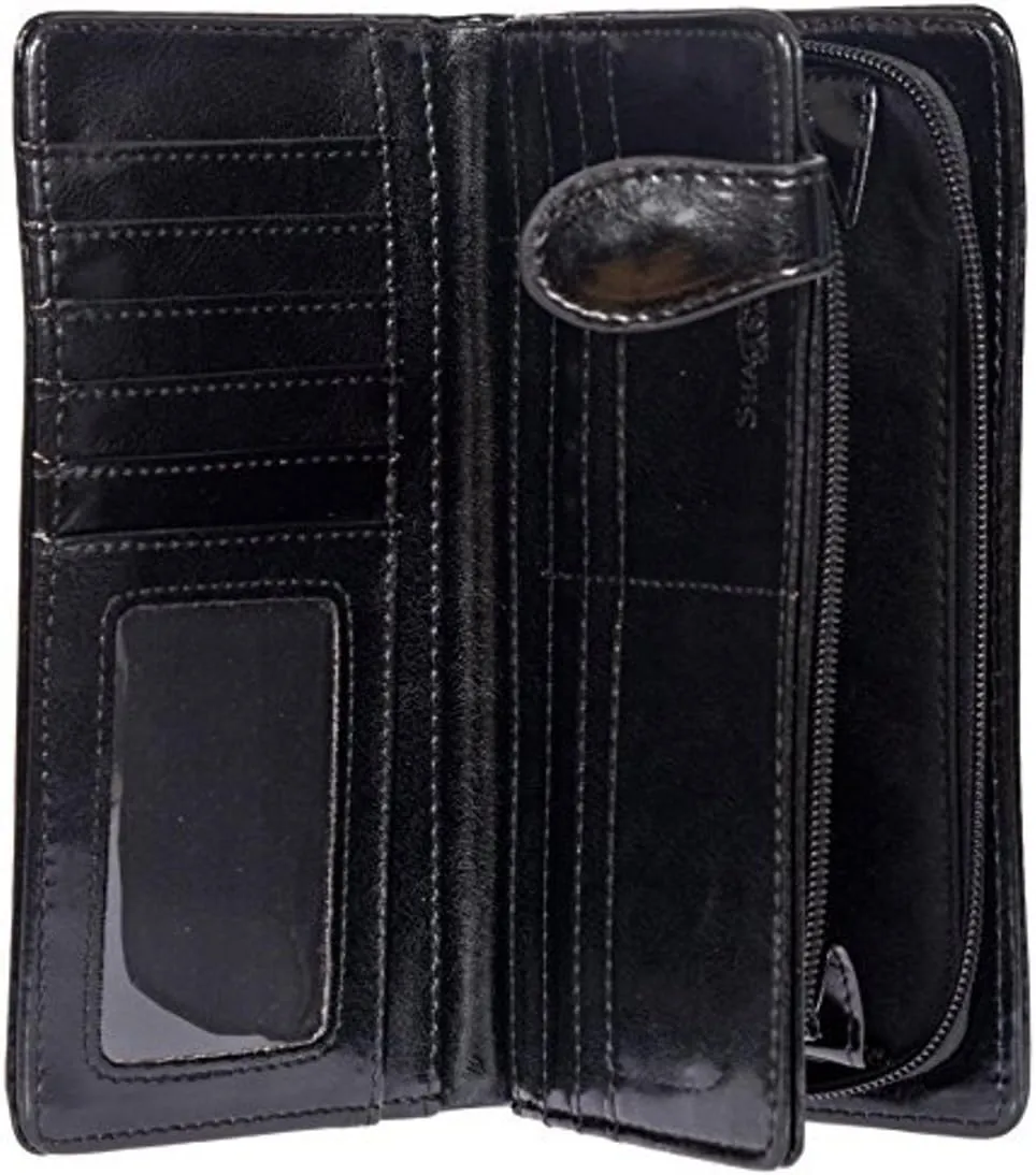 Shag Wear Women's Vegan Leather Slim Trendy Clutch Wallet with 11 Credit Card Slots, Clear ID Window and Zipper Coin Pocket (Black Dream Catcher)