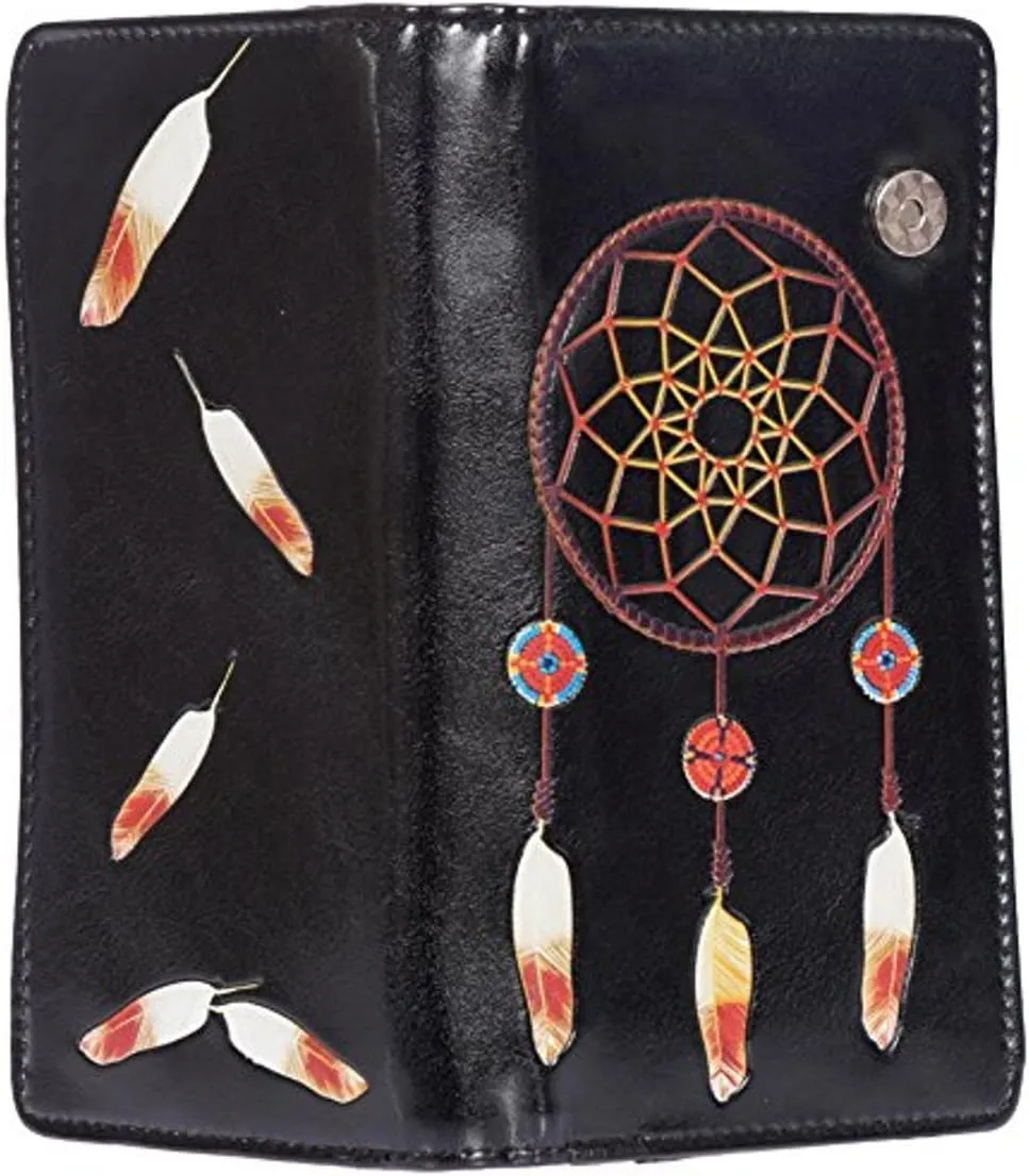 Shag Wear Women's Vegan Leather Slim Trendy Clutch Wallet with 11 Credit Card Slots, Clear ID Window and Zipper Coin Pocket (Black Dream Catcher)