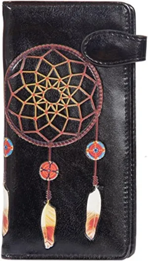 Shag Wear Women's Vegan Leather Slim Trendy Clutch Wallet with 11 Credit Card Slots, Clear ID Window and Zipper Coin Pocket (Black Dream Catcher)