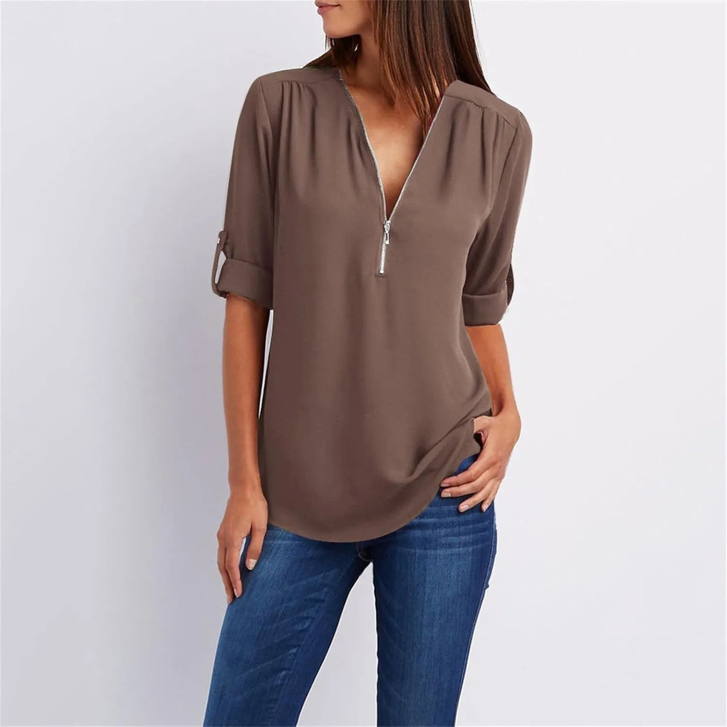 SHAOBGE Women Zipper V Neck Blouse Summer Rolled Up Short Sleeve Shirt Loose Chiffon Tops Casual Solid Half Zip Up Tunics