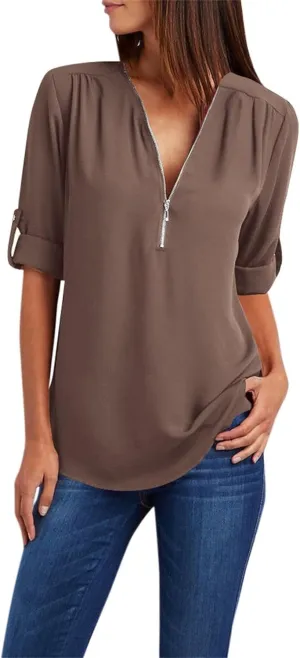 SHAOBGE Women Zipper V Neck Blouse Summer Rolled Up Short Sleeve Shirt Loose Chiffon Tops Casual Solid Half Zip Up Tunics