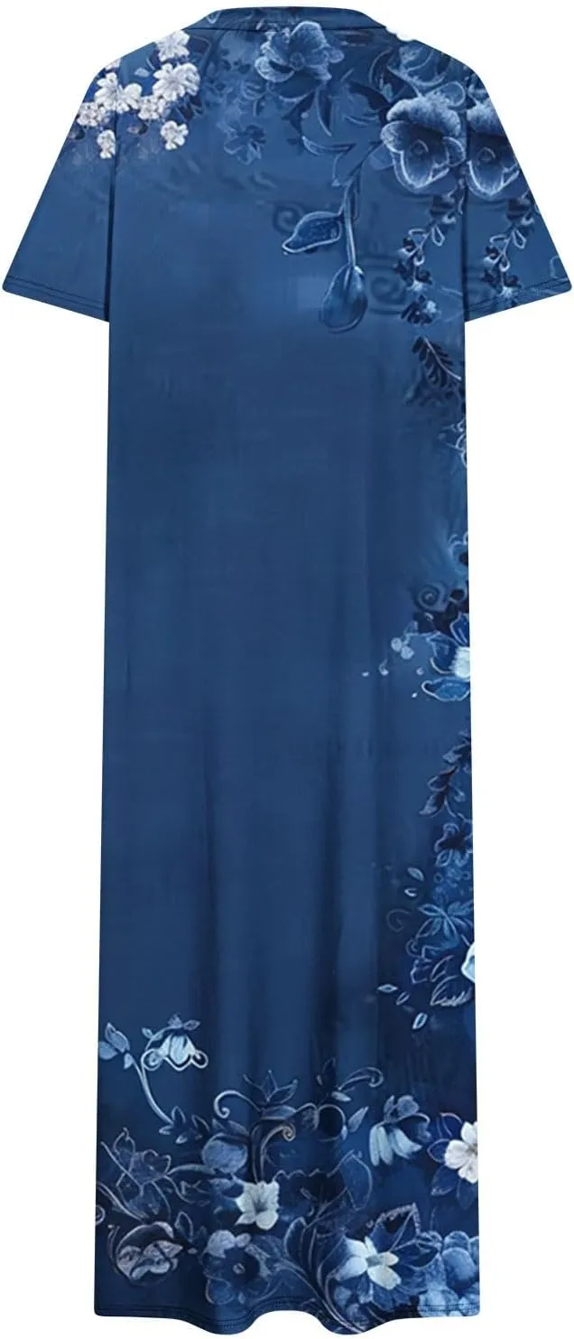 Shirt Dresses for Women Casual Crewneck Short Sleeve Sundress Loose Side Split Beach Vacation Dress with Pockets