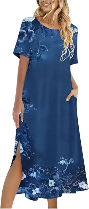 Shirt Dresses for Women Casual Crewneck Short Sleeve Sundress Loose Side Split Beach Vacation Dress with Pockets
