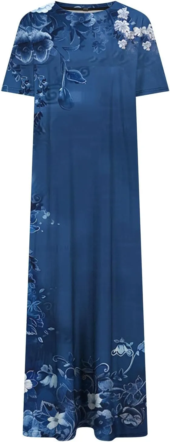 Shirt Dresses for Women Casual Crewneck Short Sleeve Sundress Loose Side Split Beach Vacation Dress with Pockets