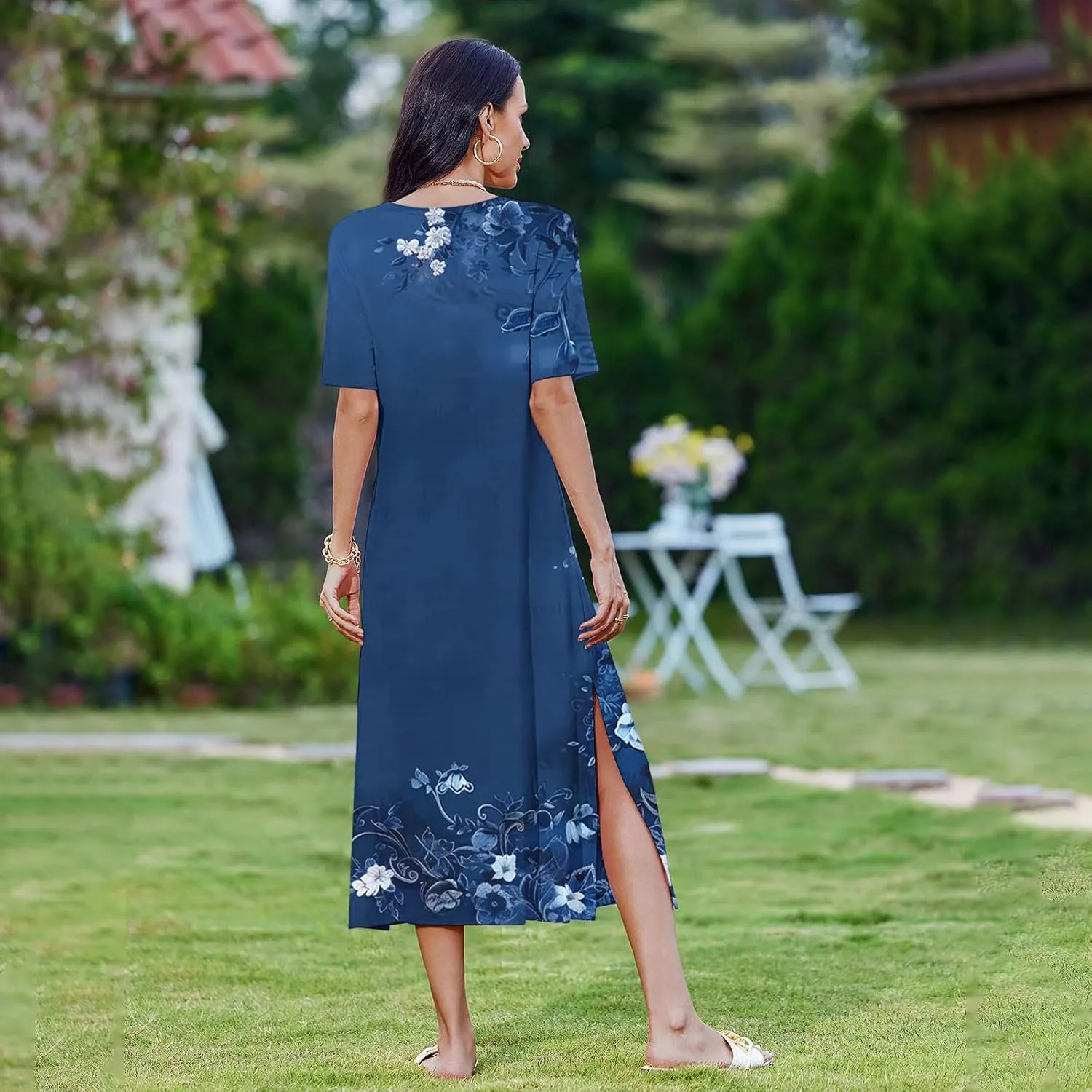 Shirt Dresses for Women Casual Crewneck Short Sleeve Sundress Loose Side Split Beach Vacation Dress with Pockets