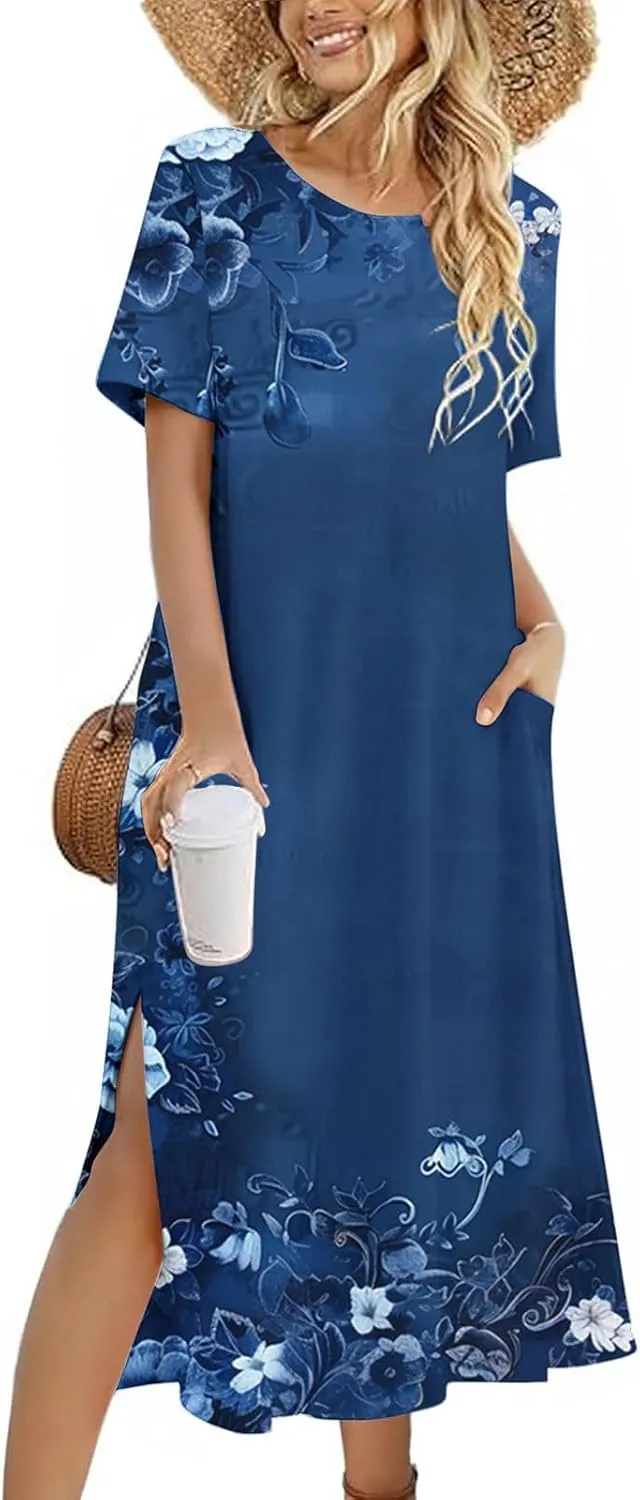 Shirt Dresses for Women Casual Crewneck Short Sleeve Sundress Loose Side Split Beach Vacation Dress with Pockets