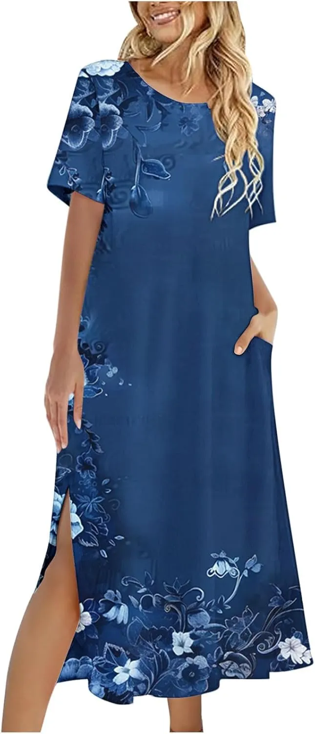 Shirt Dresses for Women Casual Crewneck Short Sleeve Sundress Loose Side Split Beach Vacation Dress with Pockets