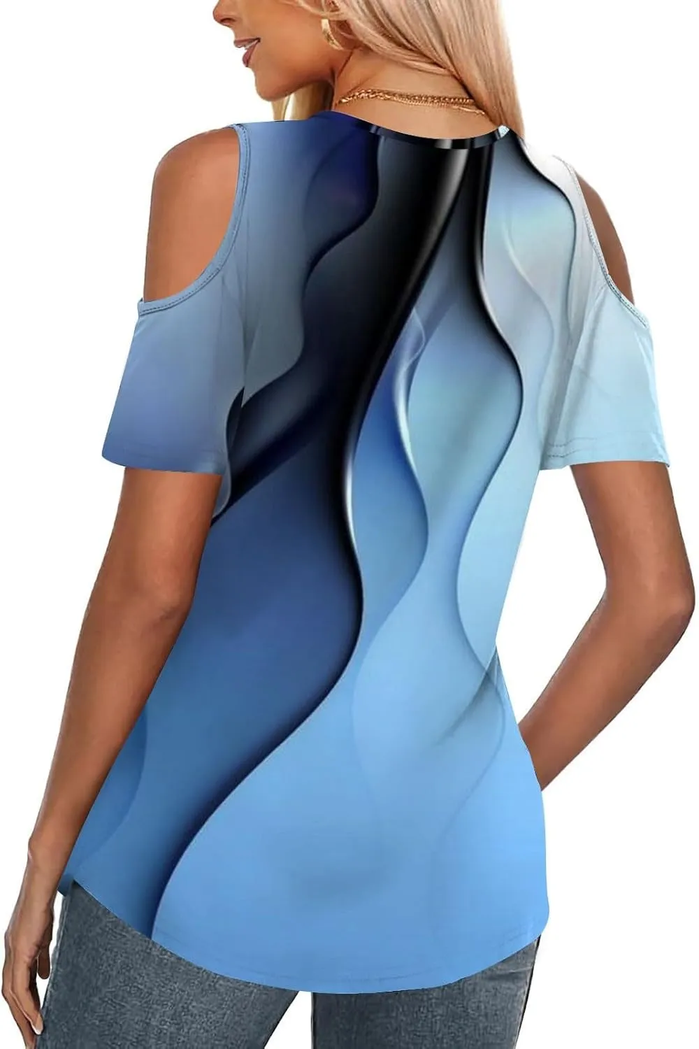 Shirts for Women Trendy Summer Causal V Neck Cold Shoulder Gradient Color Elegant Tops Slim Fit Short Sleeve Blouses