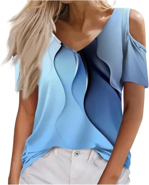 Shirts for Women Trendy Summer Causal V Neck Cold Shoulder Gradient Color Elegant Tops Slim Fit Short Sleeve Blouses