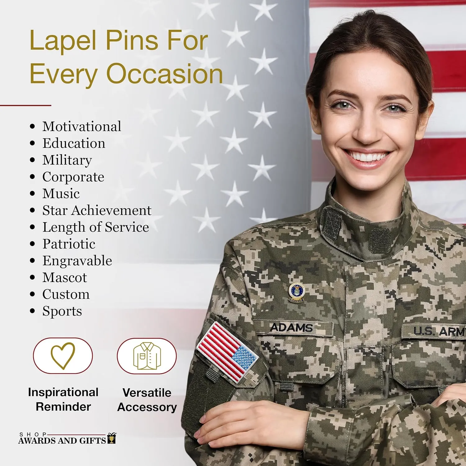 SHOP AWARDS AND GIFTS United States US Veteran Lapel Pin, Retirement and Service, 1-1/8 inch