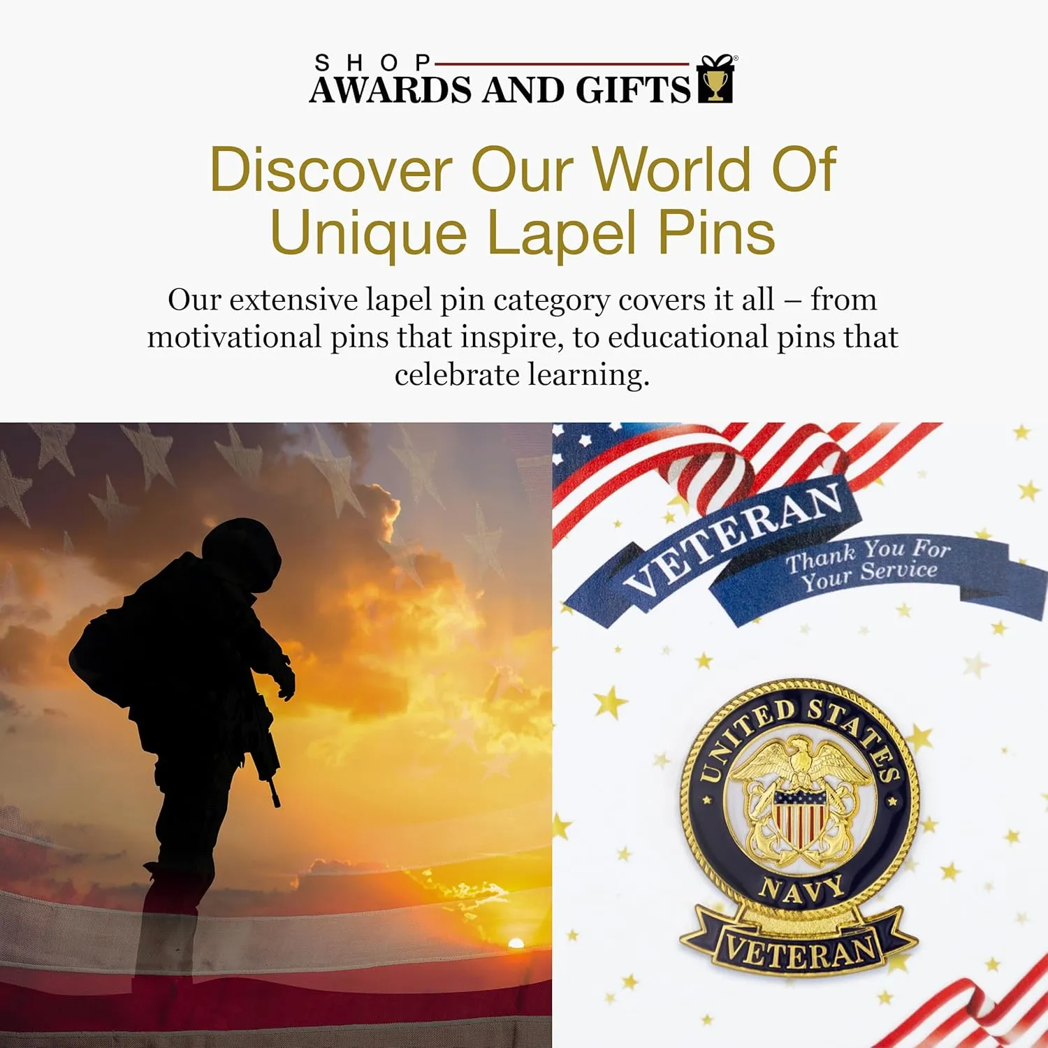 SHOP AWARDS AND GIFTS United States US Veteran Lapel Pin, Retirement and Service, 1-1/8 inch