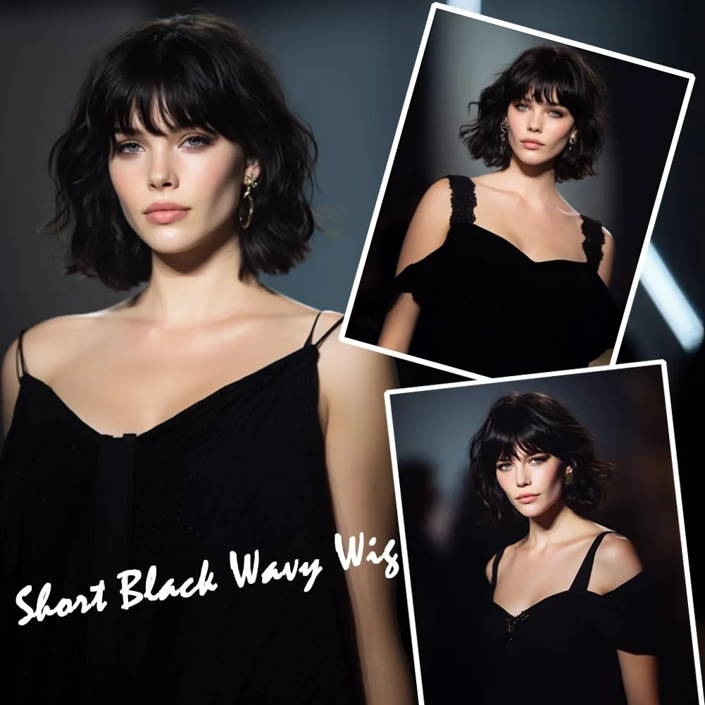 Short Black Bob Wig With Bangs Synthetic Natural Hair Wigs for Women Shoulder Length Wavy Wig 1B Water Wave(12Inches)