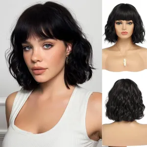 Short Black Bob Wig With Bangs Synthetic Natural Hair Wigs for Women Shoulder Length Wavy Wig 1B Water Wave(12Inches)
