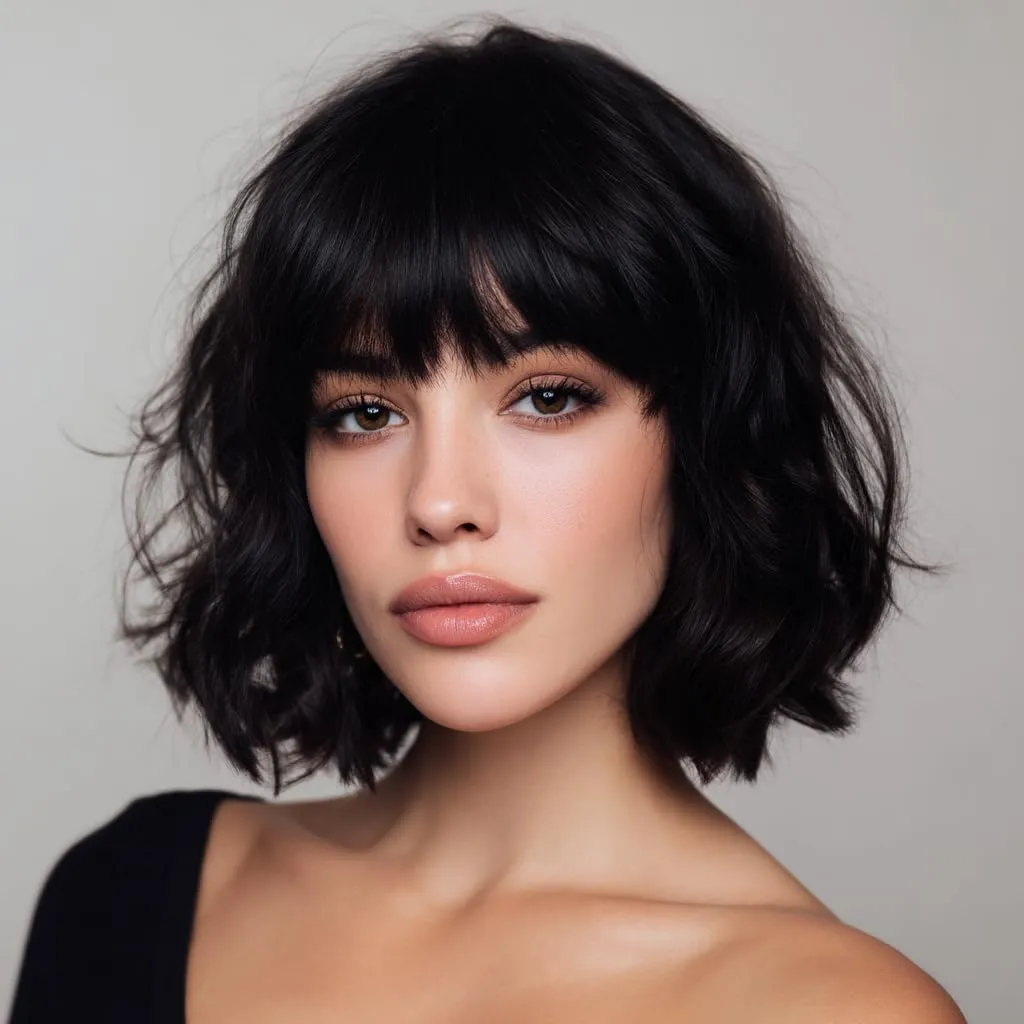 Short Black Bob Wig With Bangs Synthetic Natural Hair Wigs for Women Shoulder Length Wavy Wig 1B Water Wave(12Inches)