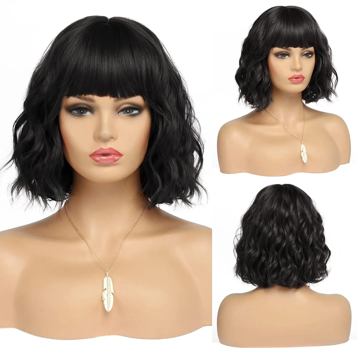 Short Black Bob Wig With Bangs Synthetic Natural Hair Wigs for Women Shoulder Length Wavy Wig 1B Water Wave(12Inches)