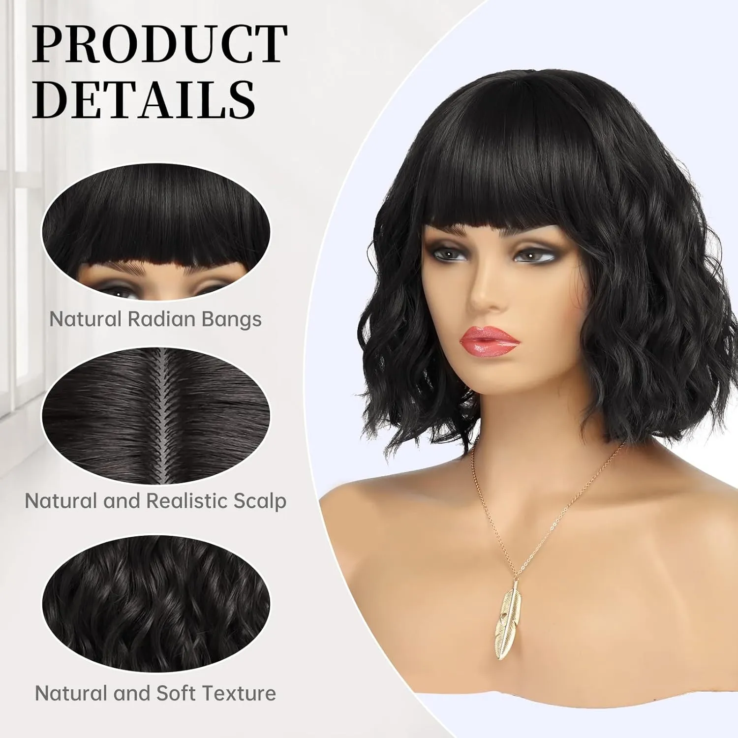 Short Black Bob Wig With Bangs Synthetic Natural Hair Wigs for Women Shoulder Length Wavy Wig 1B Water Wave(12Inches)