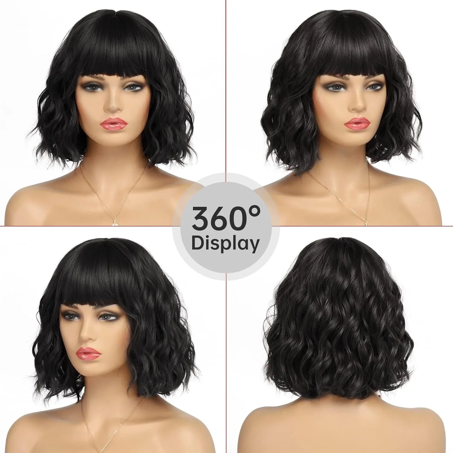 Short Black Bob Wig With Bangs Synthetic Natural Hair Wigs for Women Shoulder Length Wavy Wig 1B Water Wave(12Inches)