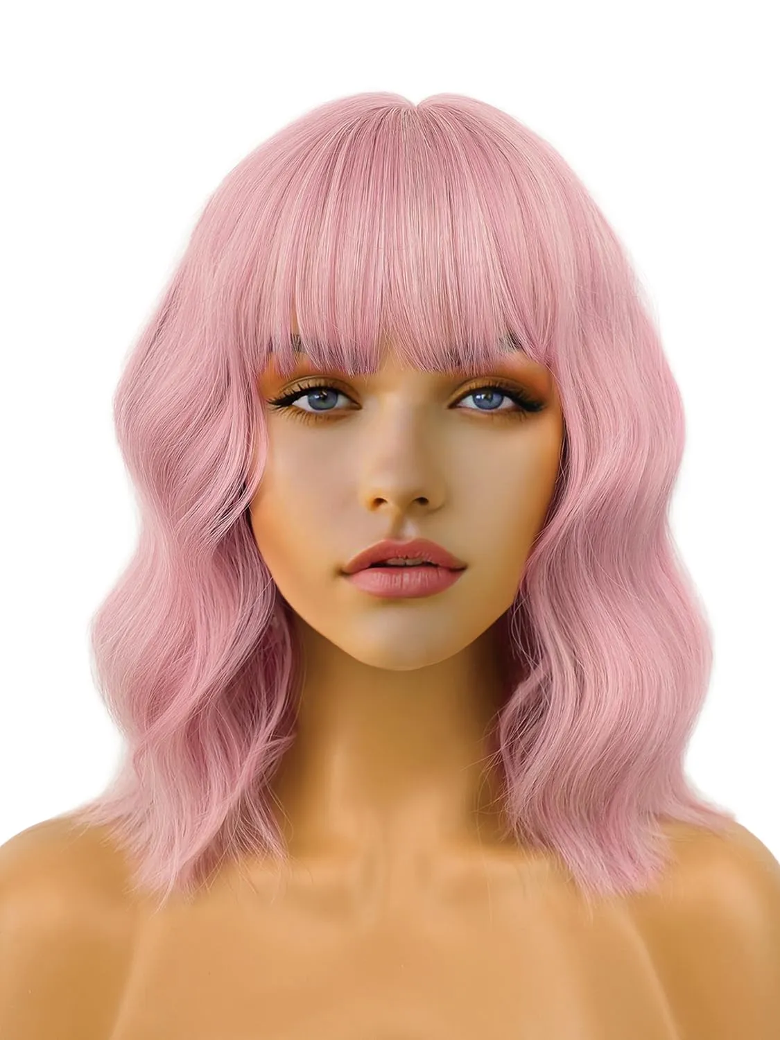 Short Bob Wigs 14" Pink Wigs with Bangs for Women Wavy Shoulder Length Synthetic Wig Colorful Cosplay Daily Party Wigs for Women