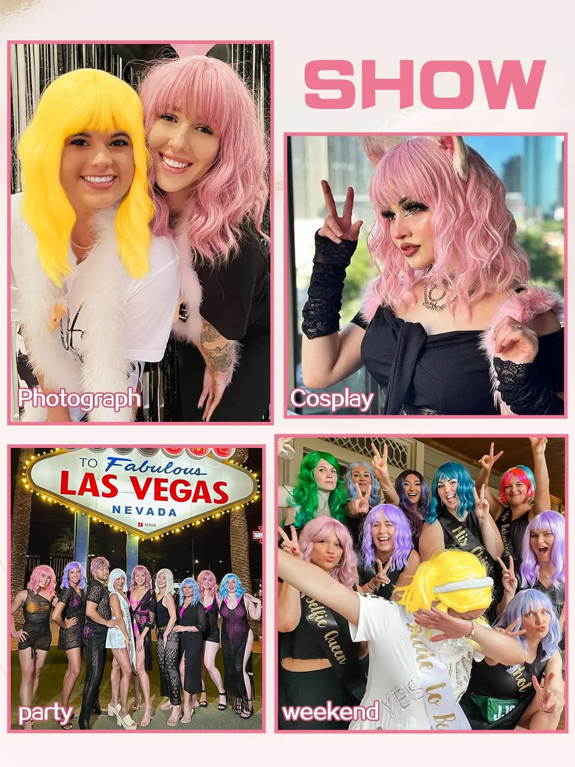 Short Bob Wigs 14" Pink Wigs with Bangs for Women Wavy Shoulder Length Synthetic Wig Colorful Cosplay Daily Party Wigs for Women