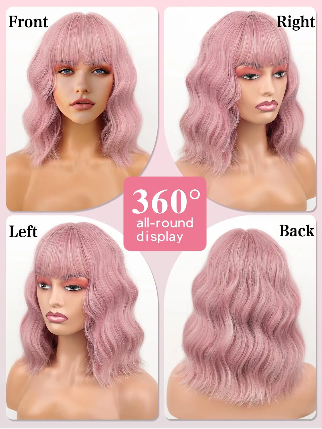 Short Bob Wigs 14" Pink Wigs with Bangs for Women Wavy Shoulder Length Synthetic Wig Colorful Cosplay Daily Party Wigs for Women