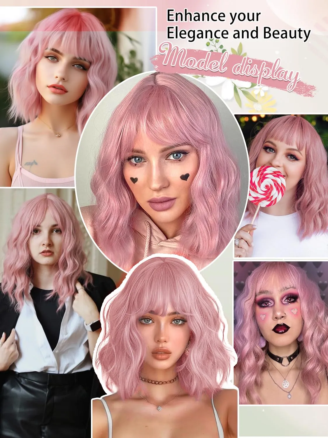 Short Bob Wigs 14" Pink Wigs with Bangs for Women Wavy Shoulder Length Synthetic Wig Colorful Cosplay Daily Party Wigs for Women
