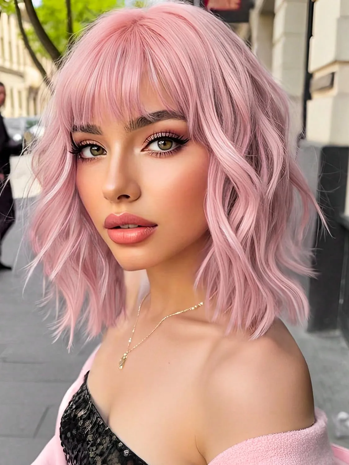 Short Bob Wigs 14" Pink Wigs with Bangs for Women Wavy Shoulder Length Synthetic Wig Colorful Cosplay Daily Party Wigs for Women