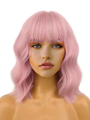 Short Bob Wigs 14" Pink Wigs with Bangs for Women Wavy Shoulder Length Synthetic Wig Colorful Cosplay Daily Party Wigs for Women