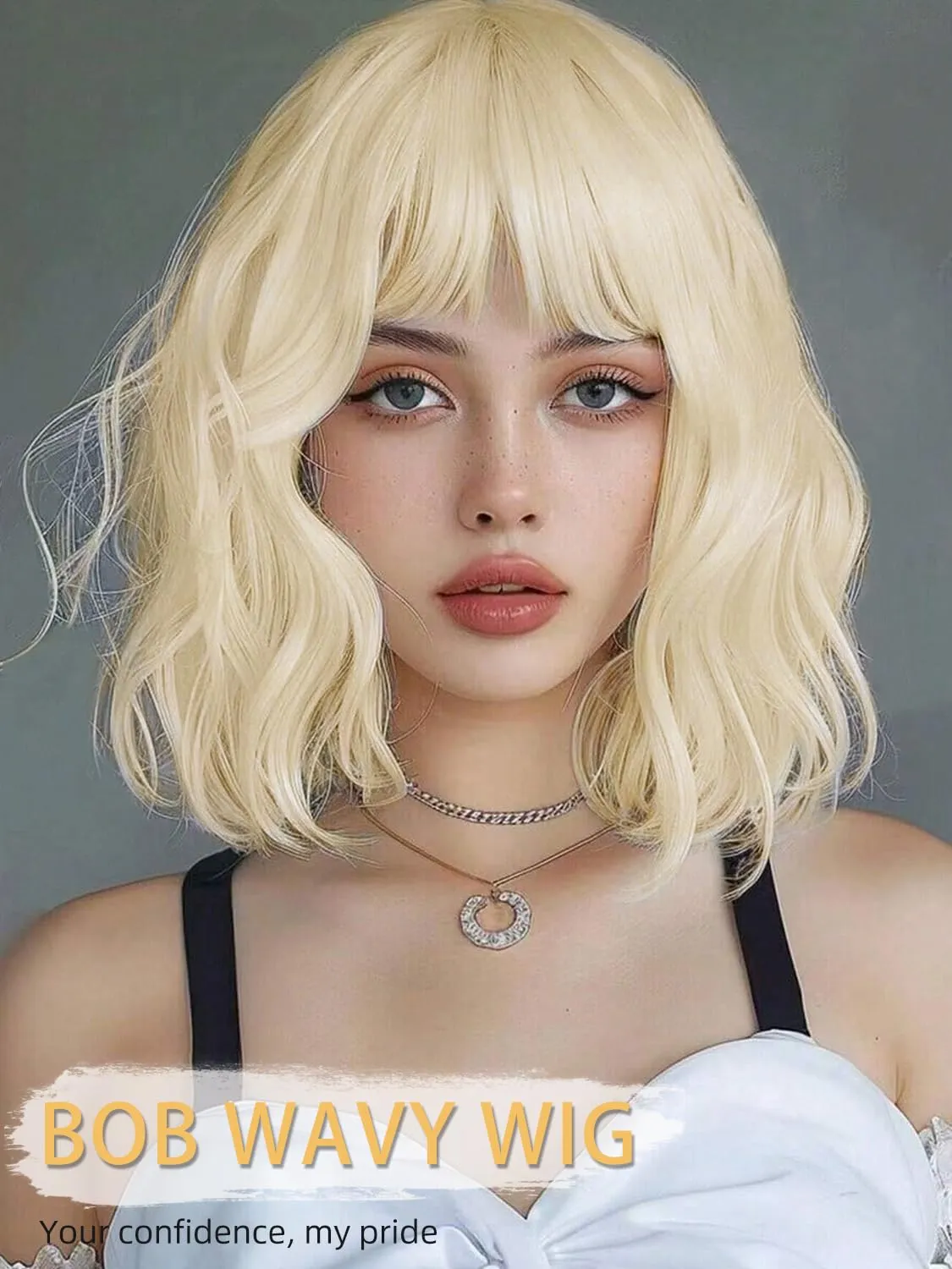 Short Bob Wigs with Bangs for Women Blonde Bob Wavy Wig Curly Wavy Shoulder Length Bob Wigs Synthetic Cosplay Wig for Girl Colorful Costume Wigs
