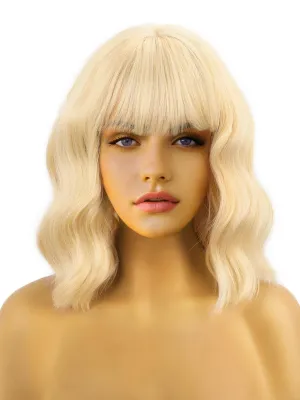 Short Bob Wigs with Bangs for Women Blonde Bob Wavy Wig Curly Wavy Shoulder Length Bob Wigs Synthetic Cosplay Wig for Girl Colorful Costume Wigs