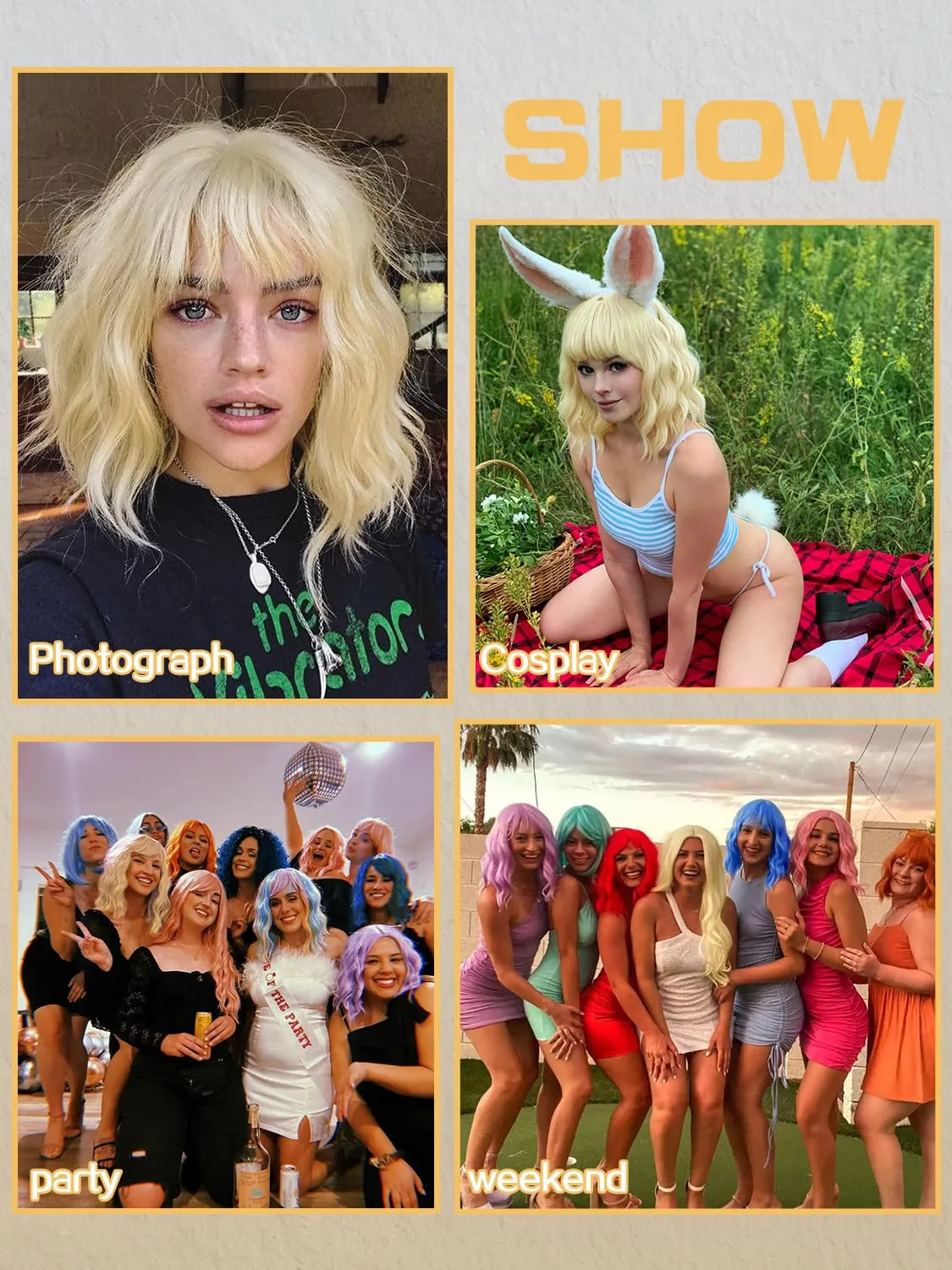 Short Bob Wigs with Bangs for Women Blonde Bob Wavy Wig Curly Wavy Shoulder Length Bob Wigs Synthetic Cosplay Wig for Girl Colorful Costume Wigs
