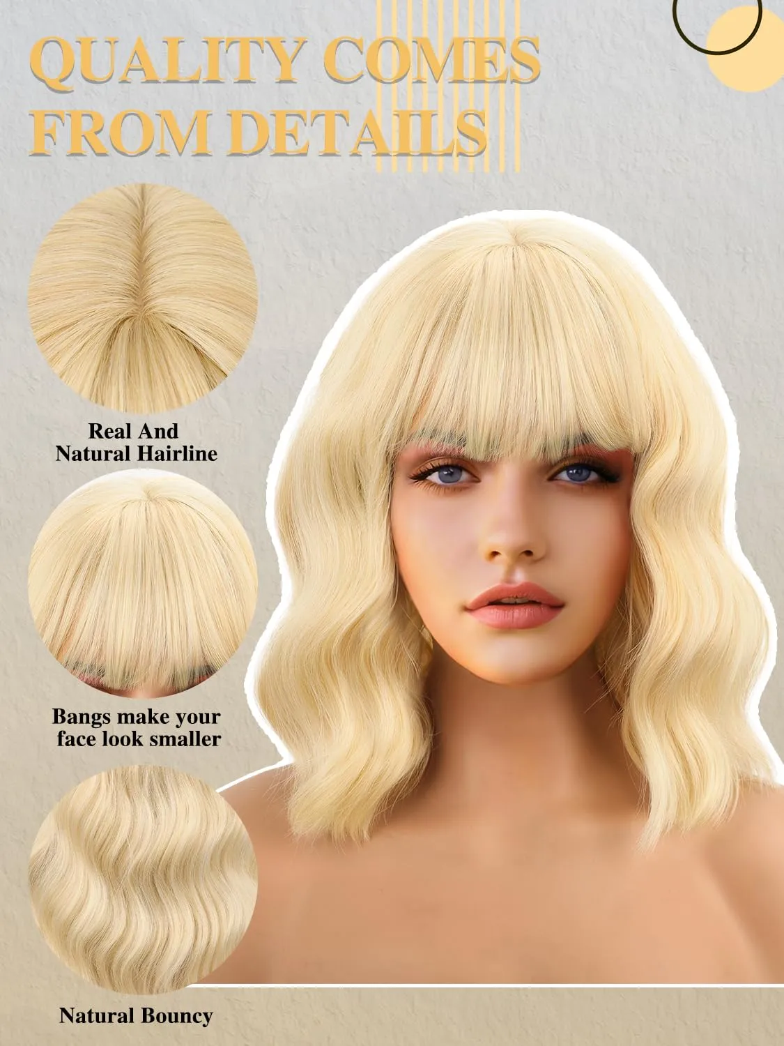 Short Bob Wigs with Bangs for Women Blonde Bob Wavy Wig Curly Wavy Shoulder Length Bob Wigs Synthetic Cosplay Wig for Girl Colorful Costume Wigs
