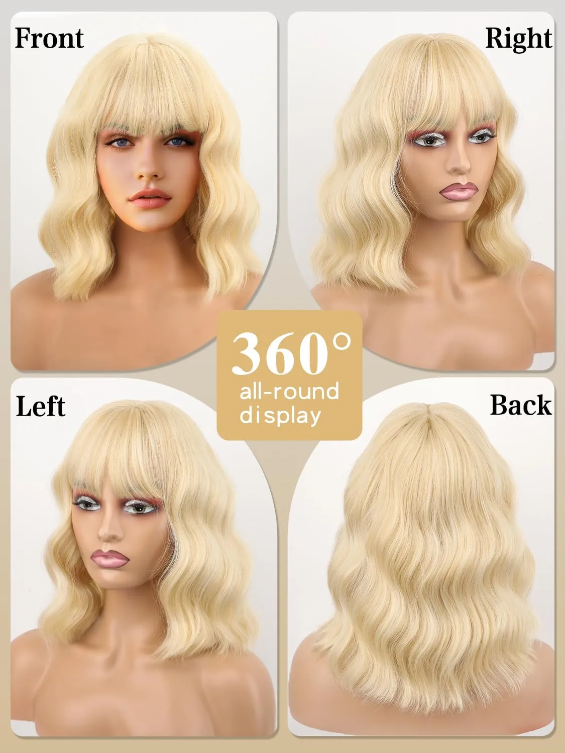 Short Bob Wigs with Bangs for Women Blonde Bob Wavy Wig Curly Wavy Shoulder Length Bob Wigs Synthetic Cosplay Wig for Girl Colorful Costume Wigs