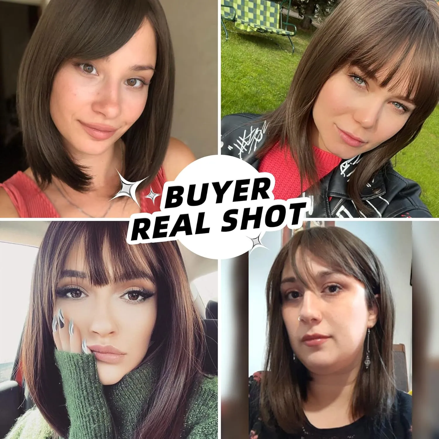 Short Brown Bob Wig with Bangs Glueless Short BOb Dark Brown Wig for Women Synthetic Wig 150% Density Straight Brown Wigs with Bangs