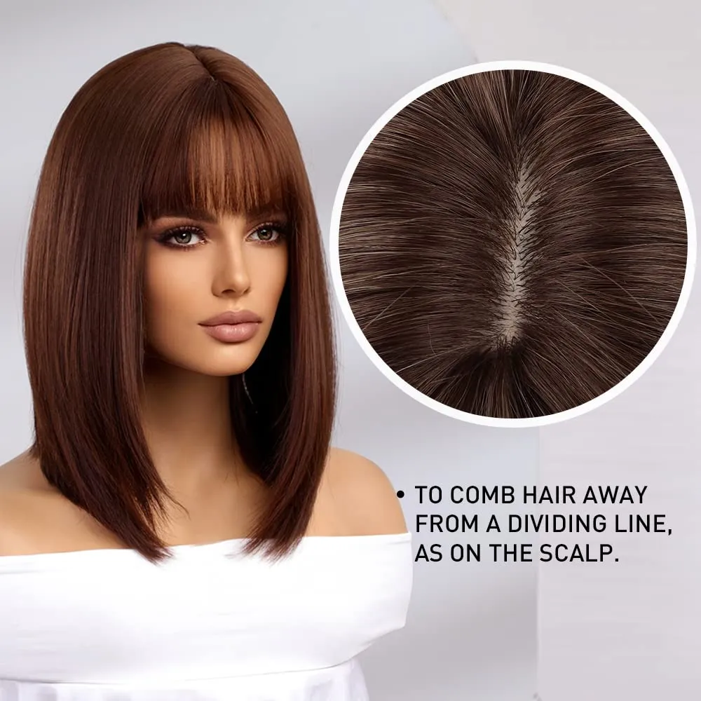 Short Brown Bob Wig with Bangs Glueless Short BOb Dark Brown Wig for Women Synthetic Wig 150% Density Straight Brown Wigs with Bangs