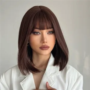 Short Brown Bob Wig with Bangs Glueless Short BOb Dark Brown Wig for Women Synthetic Wig 150% Density Straight Brown Wigs with Bangs