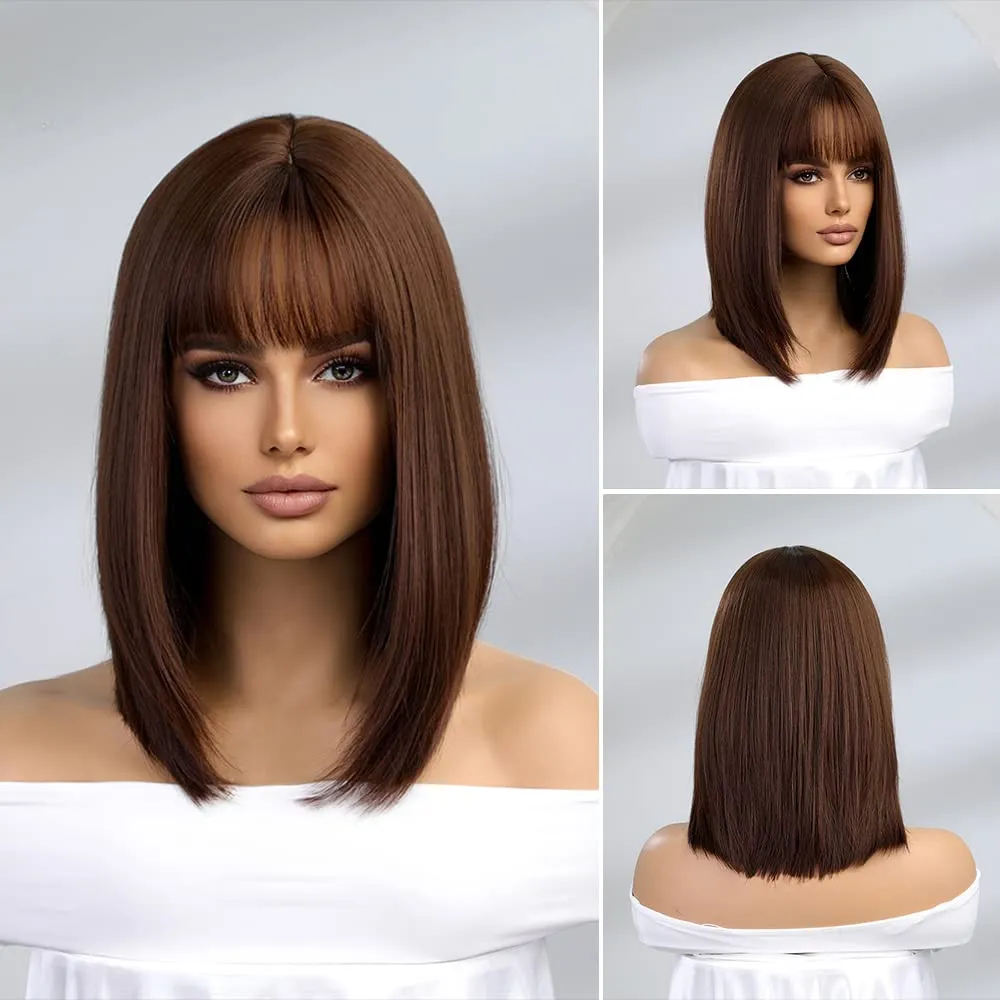 Short Brown Bob Wig with Bangs Glueless Short BOb Dark Brown Wig for Women Synthetic Wig 150% Density Straight Brown Wigs with Bangs