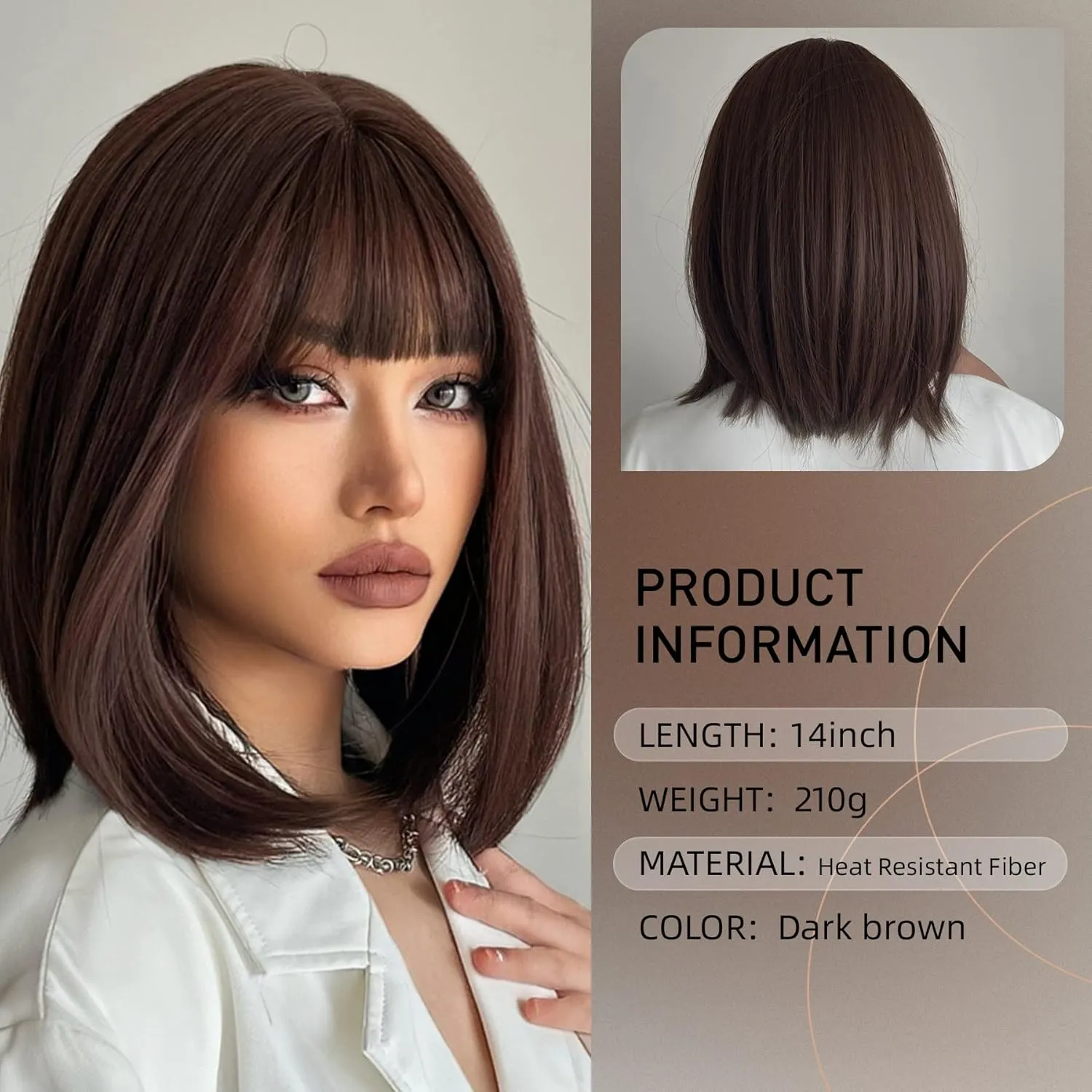 Short Brown Bob Wig with Bangs Glueless Short BOb Dark Brown Wig for Women Synthetic Wig 150% Density Straight Brown Wigs with Bangs