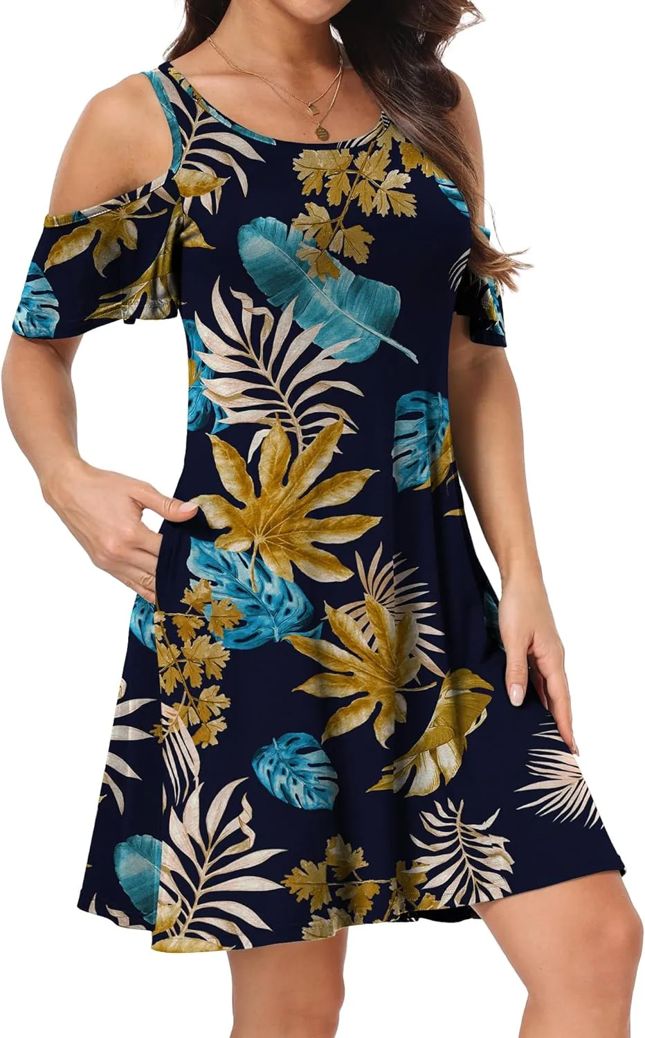Short/Long Sleeve Women's Cold Shoulder Dress with Pockets Casual Swing T-Shirt Dresses