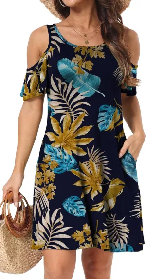 Short/Long Sleeve Women's Cold Shoulder Dress with Pockets Casual Swing T-Shirt Dresses