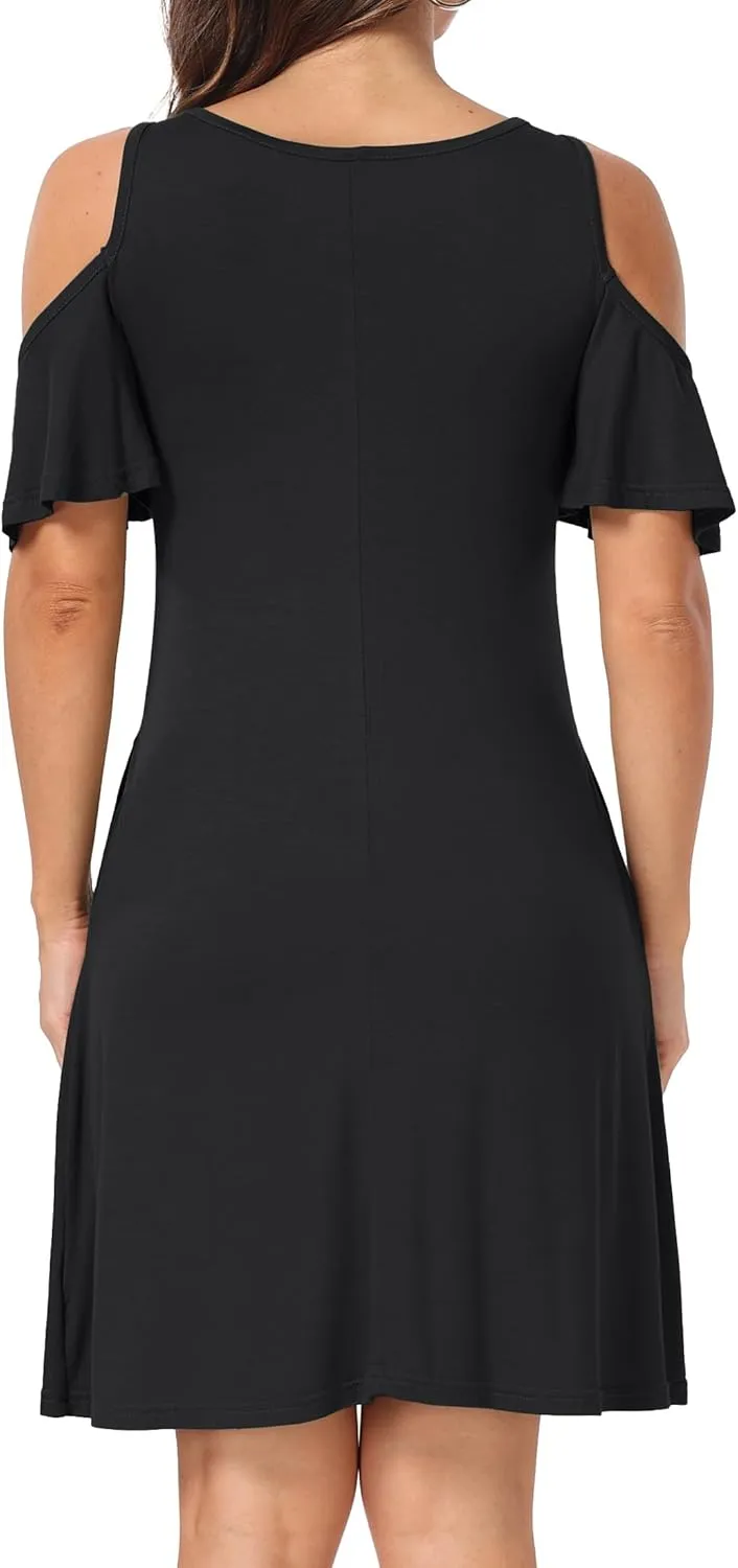 Short/Long Sleeve Women's Cold Shoulder Dress with Pockets Casual Swing T-Shirt Dresses