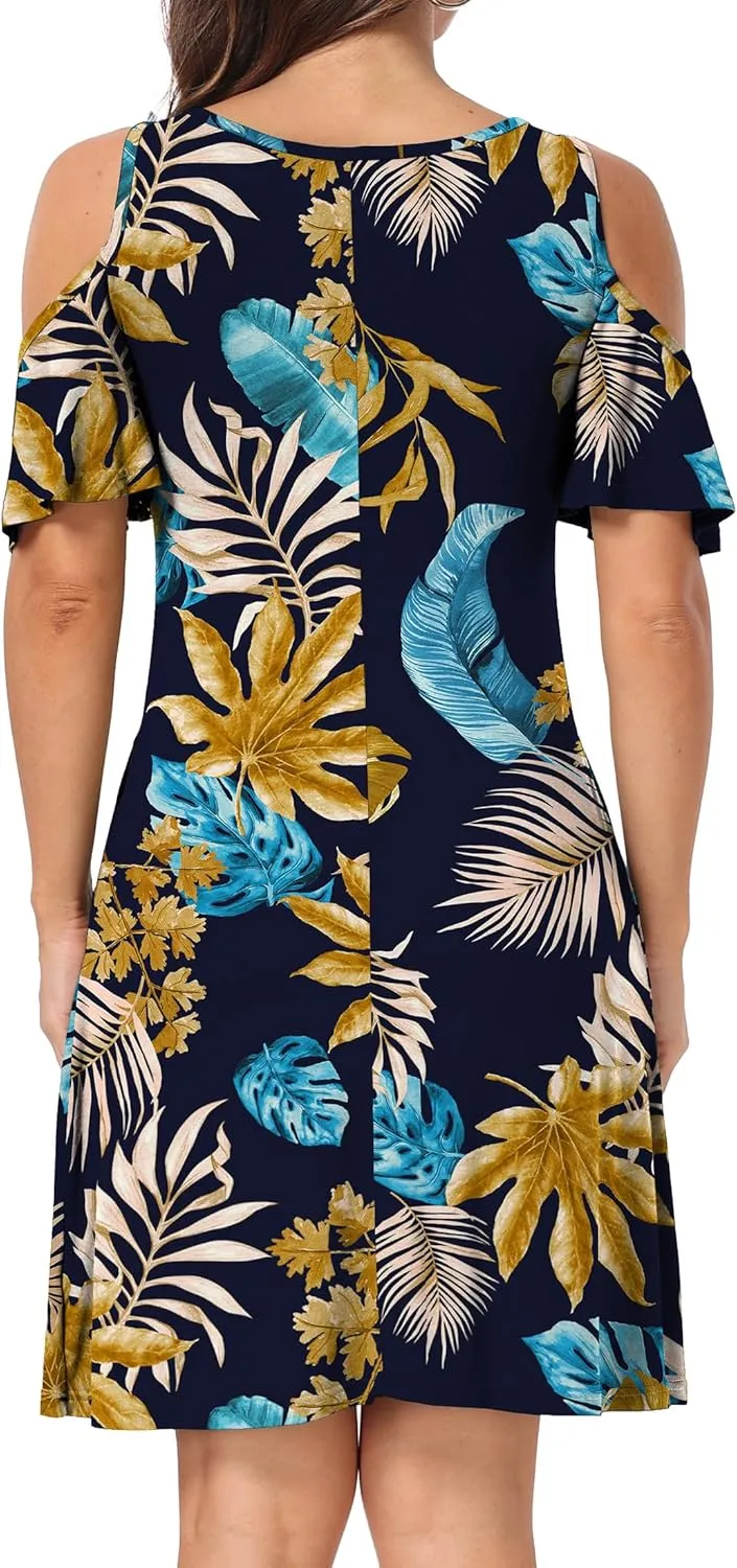 Short/Long Sleeve Women's Cold Shoulder Dress with Pockets Casual Swing T-Shirt Dresses