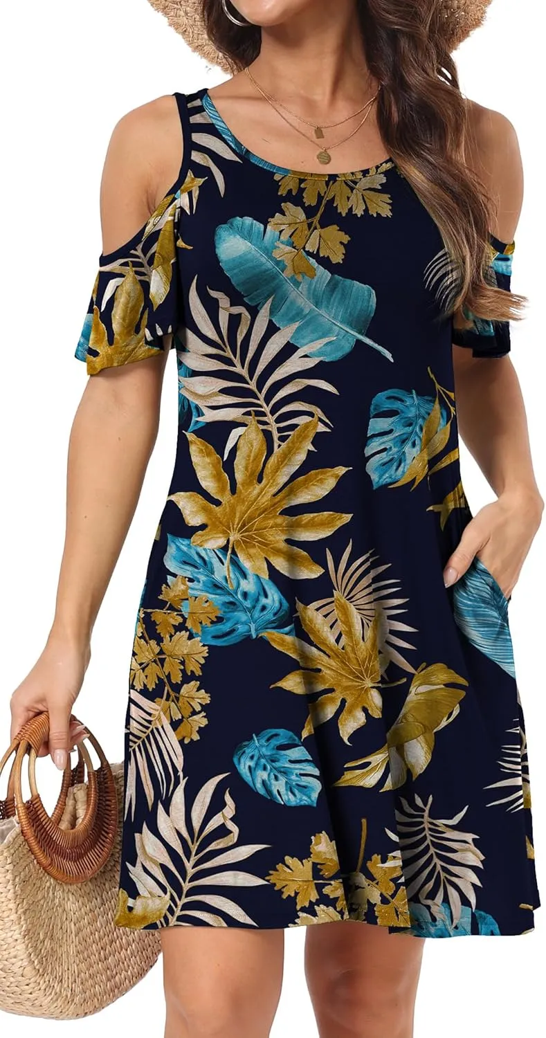 Short/Long Sleeve Women's Cold Shoulder Dress with Pockets Casual Swing T-Shirt Dresses